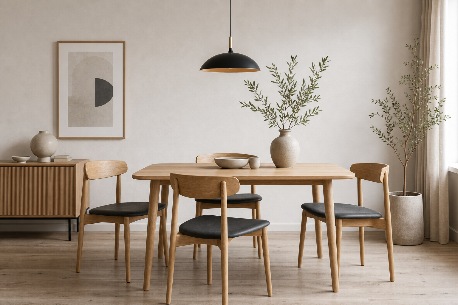 Executive meeting space with sculptural lighting and refined finishes