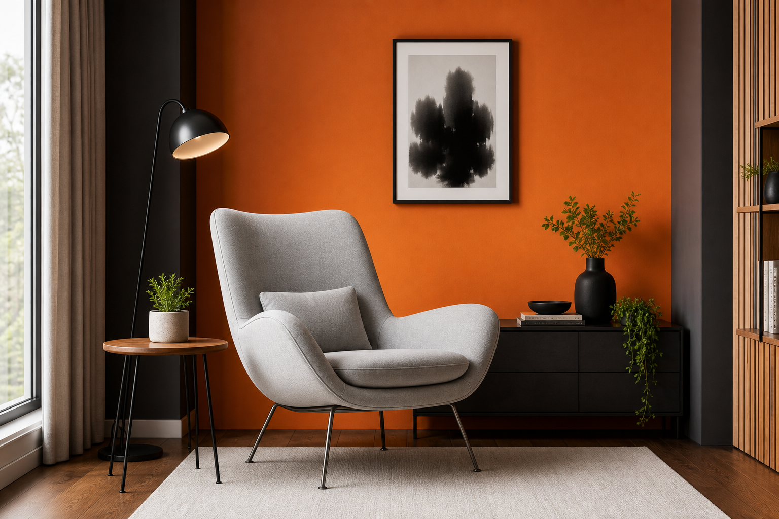 Warm designer corner with lounge chair, art, and ambient lighting