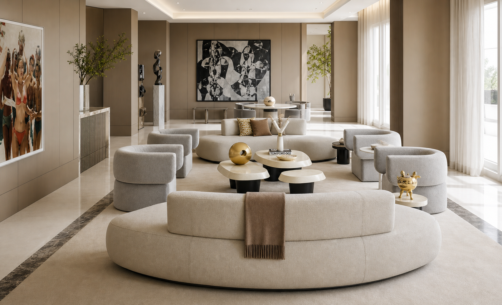 Modern minimal residence with curved sofa and layered lighting